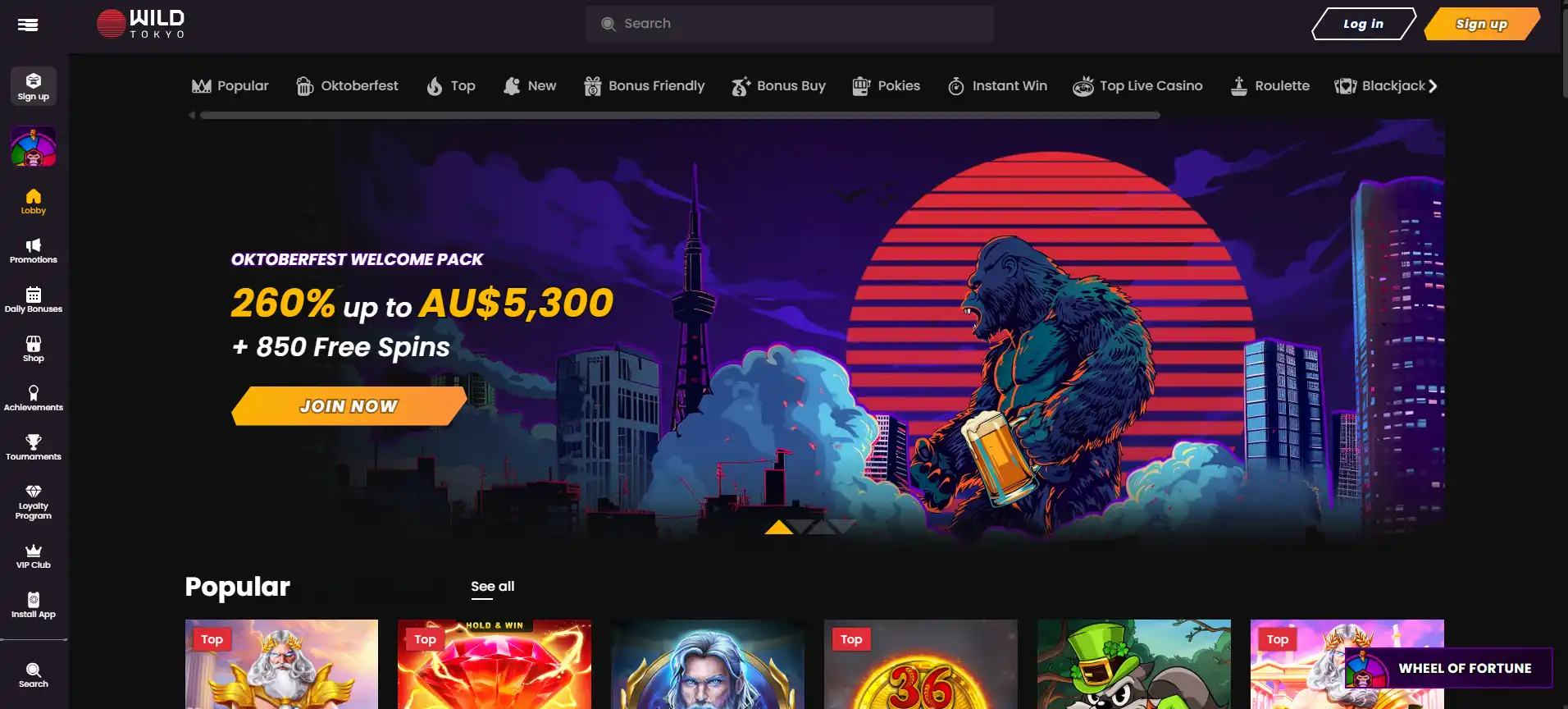 Wild Tokyo Casino homepage showing site branding, primary navigation and the main landing area