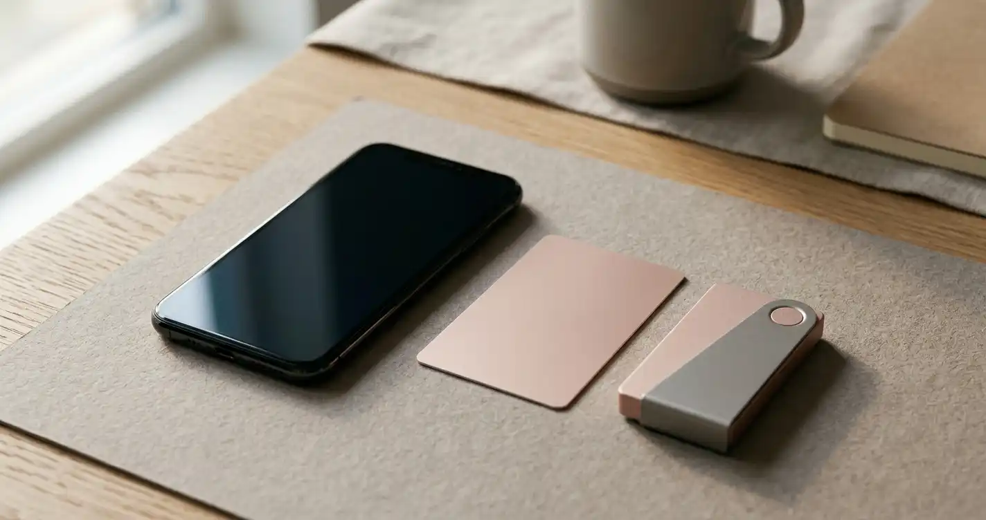 Unbranded smartphone beside a blank bank card and a plain hardware wallet on a desk