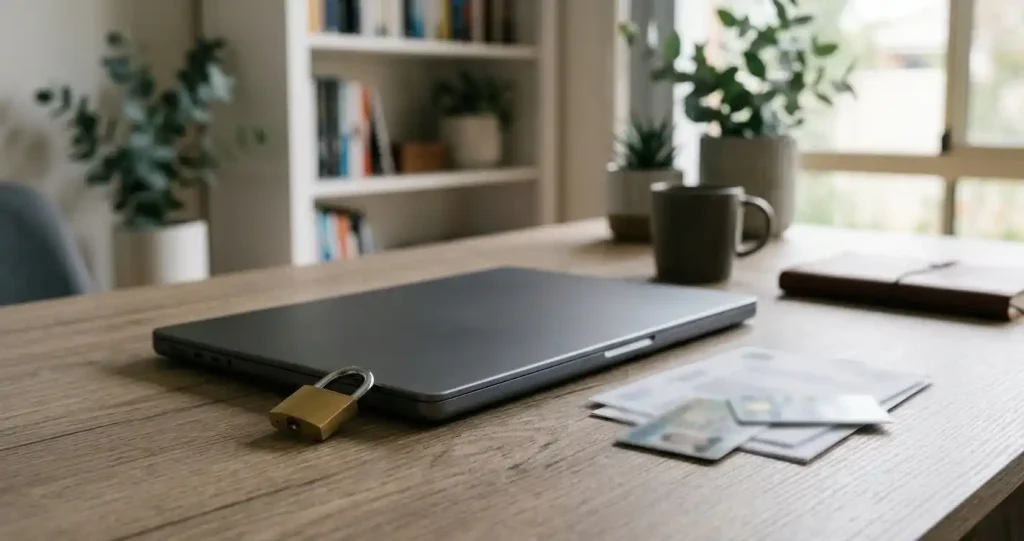 A closed laptop with a small padlock beside blurred document silhouettes