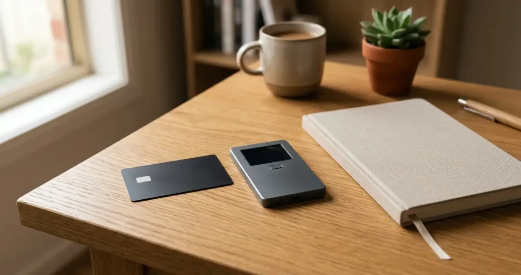 Unbranded bank card and hardware wallet arranged beside a blank notebook on a wooden desk