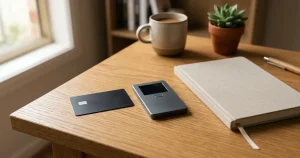 Unbranded bank card and hardware wallet arranged beside a blank notebook on a wooden desk