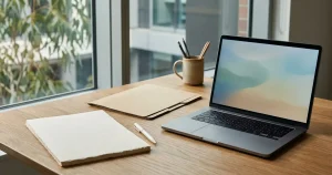 An orderly desk with unmarked documents, a closed folder and a laptop beside a window