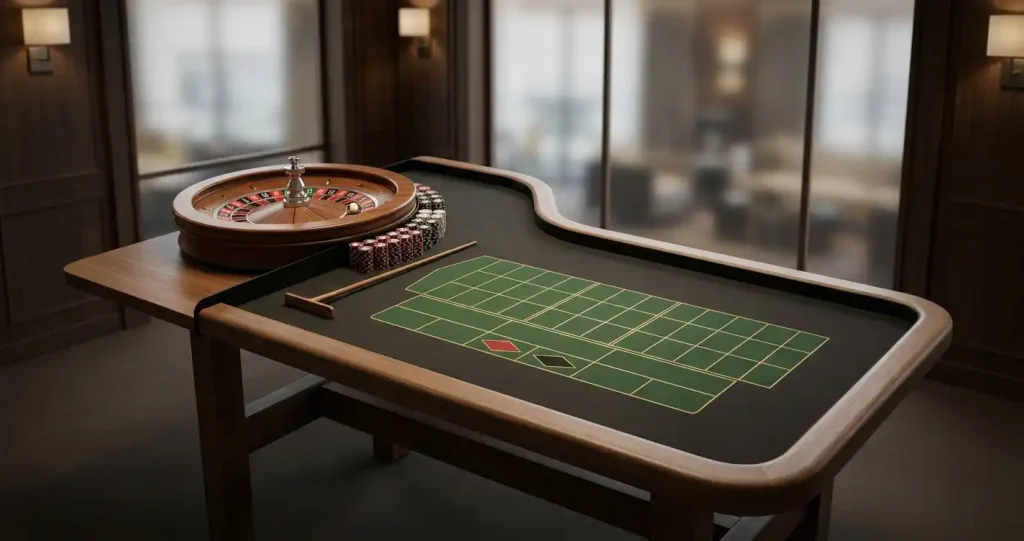 An unoccupied roulette table beneath soft studio lights