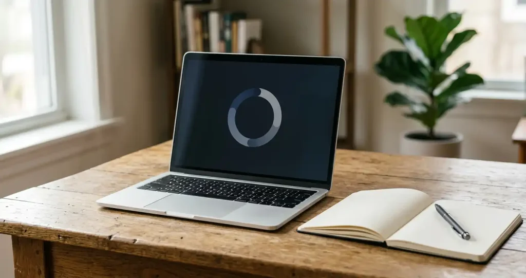 A laptop displaying an abstract transfer icon beside an open paper notebook