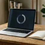 A laptop displaying an abstract transfer icon beside an open paper notebook